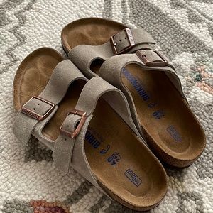 Birkenstocks - Arizona slides, taupe suede